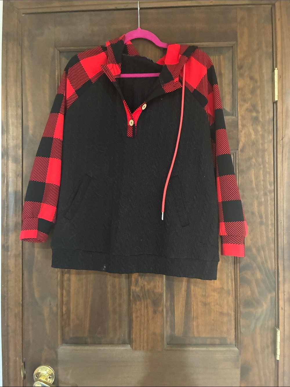 BloomChic Black Pullover Hoodie with Red Buffalo Plaid Sleeves